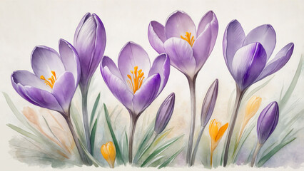 Fototapeta premium Watercolor Crocus Delicate Style in Purple and Yellow Spring Representation