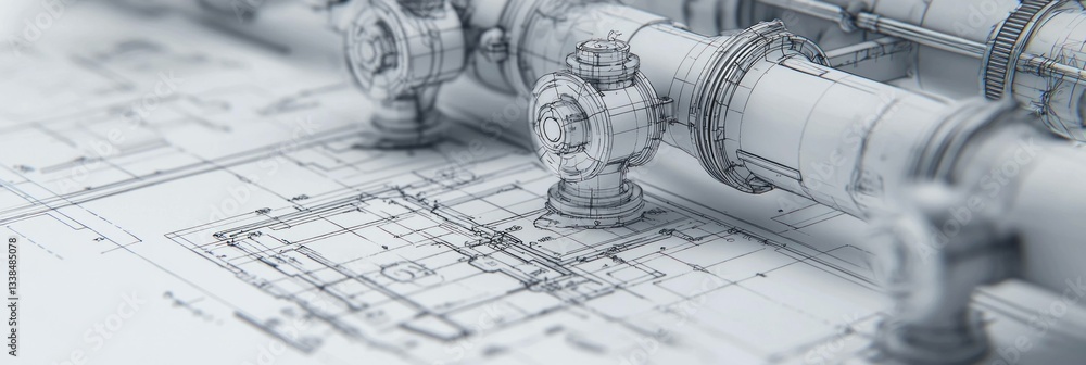 Poster industrial blueprint design featuring intricate piping and valve systems for engineering projects, s