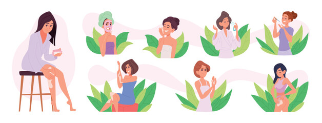 Face cleaning. Woman self skincare with beauty products exact vector graphic illustrations set