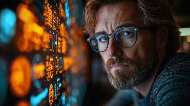A man intently examines vibrant visualizations of quantum computing concepts and neural network algorithms, showcasing the intricate world of data analysis and optimization techniques.