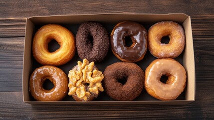Naklejka premium A small artisan donut box with rustic hand-crafted donuts on a dark walnut wooden surface