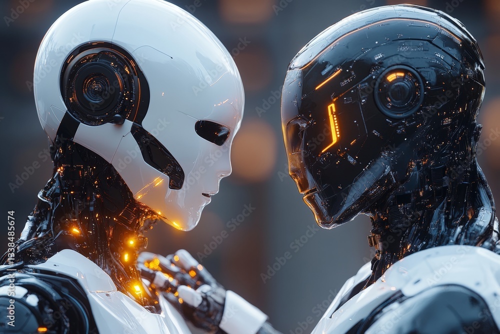 Aufkleber Futuristic robots interacting in a high-tech environment with illuminated features and intricate designs