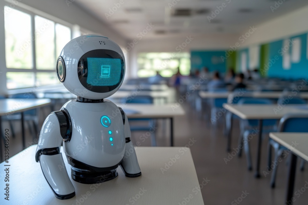 Poster robot assistant engages with students in a modern classroom setting during a technology-focused lear