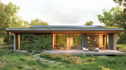 Fototapeta premium A smart home with a flat roof, featuring solar panels, a green living wall, and an automated lighting system.