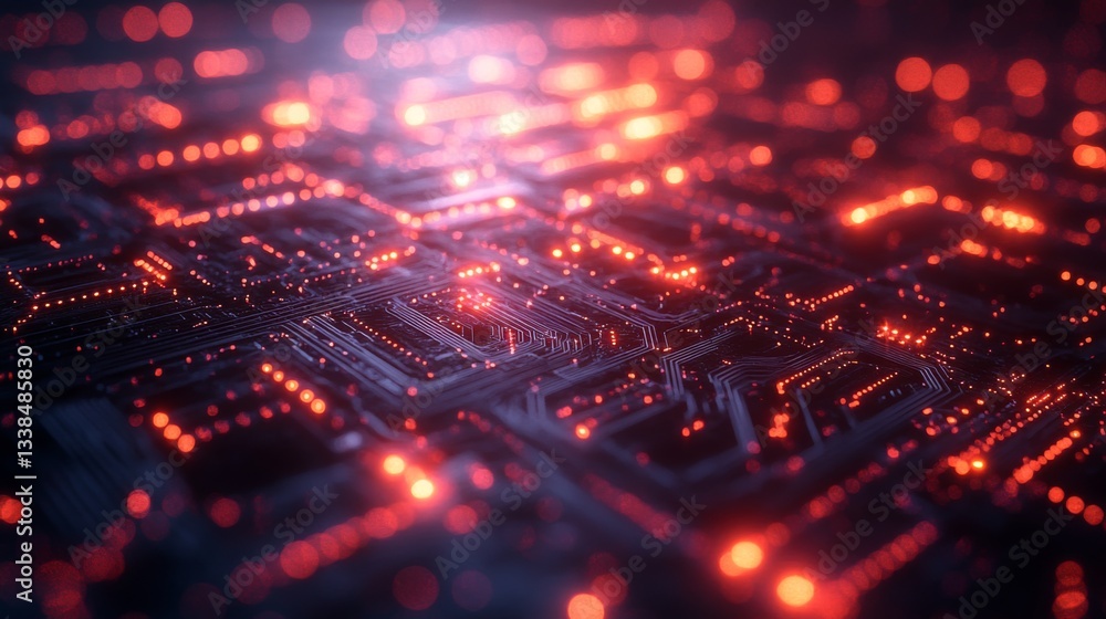Fototapete The representation highlights the intricate designs of a quantum computer chip, showcasing the phenomena of qubits, superposition, and entanglement in a simulated environment.