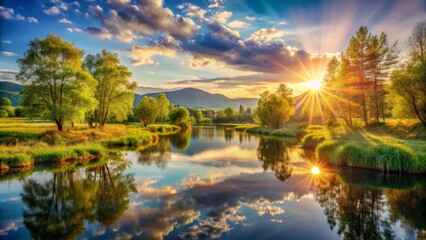 Fototapeta premium Serene River Landscape at Sunrise