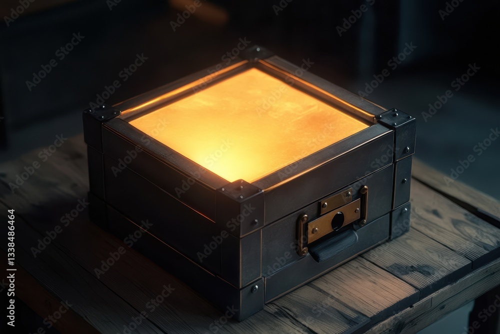 Poster unique illuminated box on wooden surface creating a warm ambiance in a rustic setting
