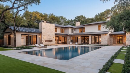 A sophisticated modern house with a luxurious courtyard pool, beautiful stone pathways, and ambient lighting.
