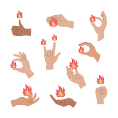 Human hand in different gestures with fire on fingers set. Burning gestures of energy, power. Business startup and new beginnings, hard work. Protest, strength. Isolated vector illustrations