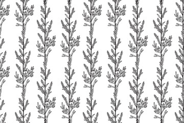 Line art botanical seamless plant pattern with wildflowers vector illustration. Black outline repeating floral pattern in white background. Graphic design for Fashion Cover Textile Coloring Page Print