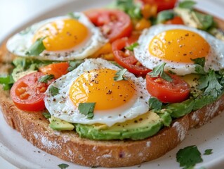 Sunny Side Up Eggs on Avocado Toast with Fresh Tomato and Cilantro A Vibrant Breakfast Delight