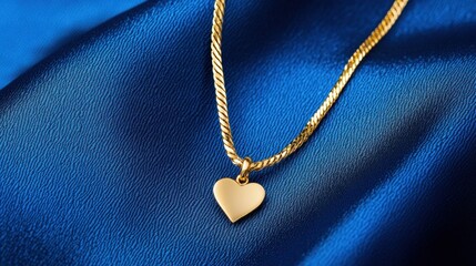 A thin gold chain with a dainty heart pendant on a classic navy fabric background