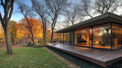 Fototapeta premium A spacious single-story contemporary home with floor-to-ceiling windows and a cozy wooden deck.