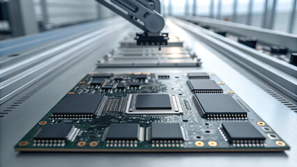 flexible circuit board wiring Close-up of a circuit board being assembled by robotic machinery in a modern factory setting.