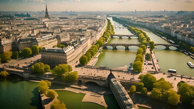 Aerial drone view of the Eiffel Tower and Seine River in the historical city center of Paris, showcasing iconic landmarks
