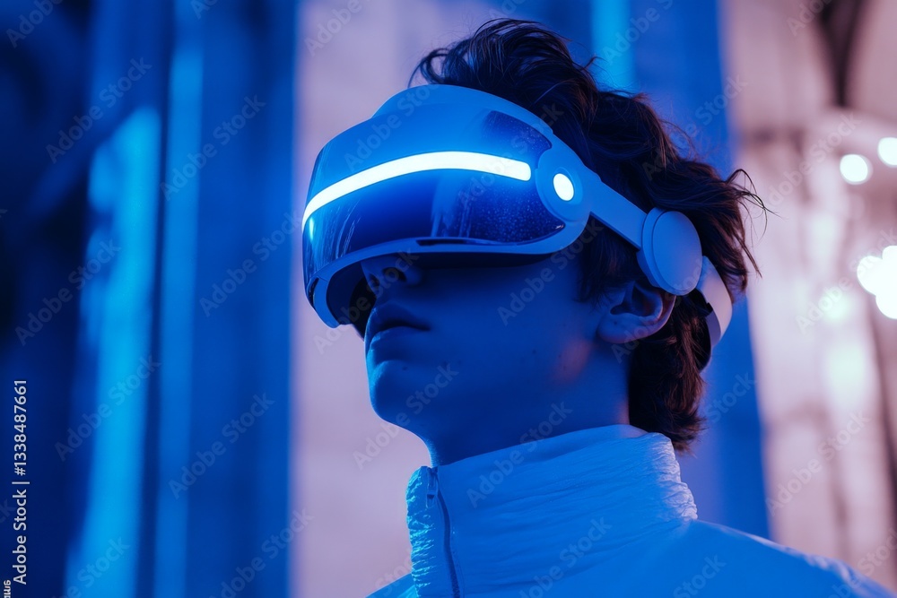 Poster young person using virtual reality headset in a futuristic setting during nighttime