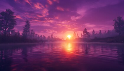 Fototapeta premium Sun-kissed spring water reflecting vivid purple skies in early dawn