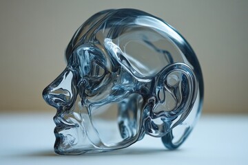 Clear glass sculpture of a human head highlighting intricate facial features and artistic design