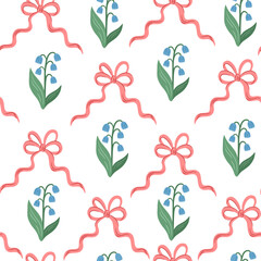 Coquette trellis floral seamless pattern with bows and ribbons. Preppy floral bouquet background. Vintage design for fabric, wallpaper or wrapping paper. Vector botanical elegant trendy print