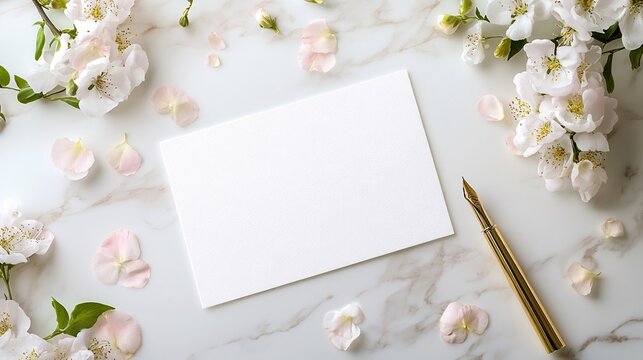 A blank paper with flowers and a golden fountain pen