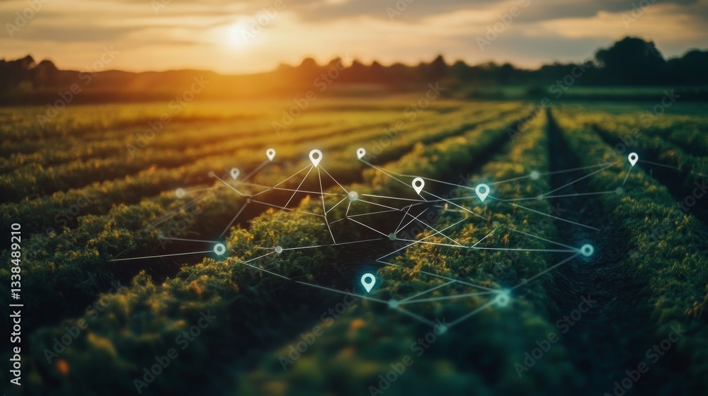 Poster aerial view of land with network markers represent, network with pins and map pointer, aerial view o