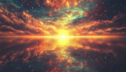 Naklejka premium Dramatic sunset sky ocean high-fidelity image vibrant environment aerial view nature's beauty