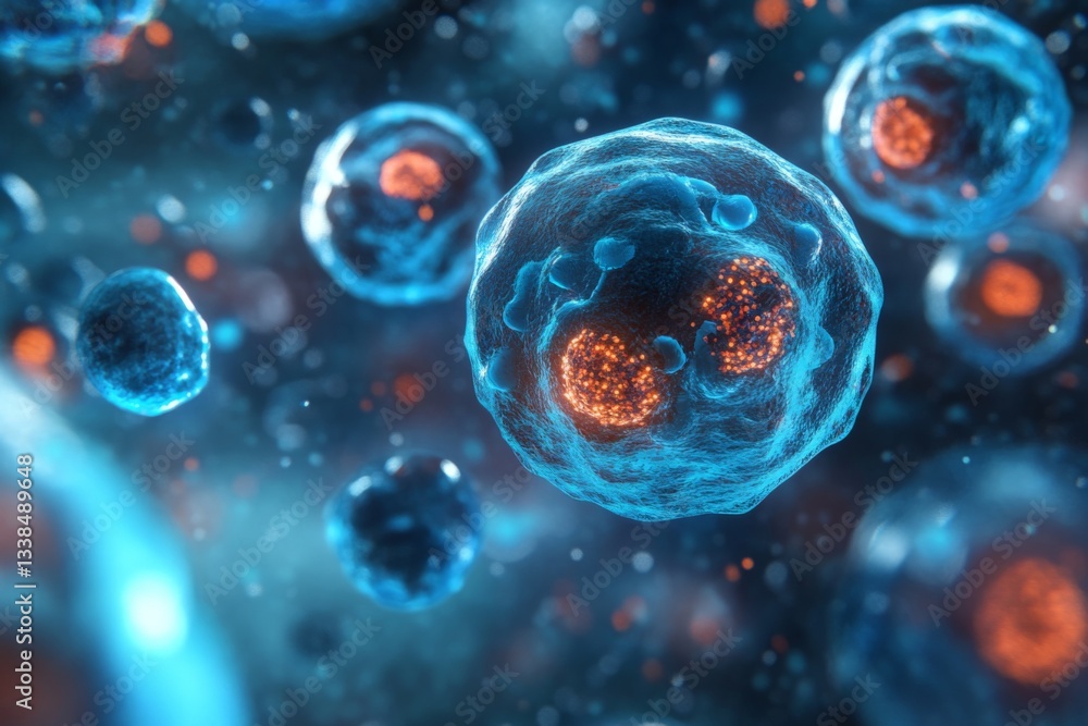 Poster Detailed view of cells with distinct nuclei illuminated in a vibrant scientific setting, showcasing cellular dynamics in motion