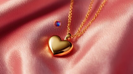Elegant gold necklace with a heart pendant on a soft pink velvet background