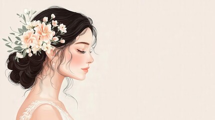 Naklejka premium Profile illustration of a woman adorned with flowers in her hair, exuding elegance and grace.