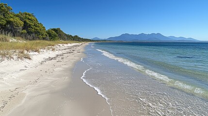 Obraz premium A beautiful coastal beach with mountains in the distance under a clear sky