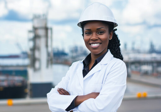 A Black woman engineer confidently stands with her arms crossed, smiling in a lab coat and hard hat at a construction site near the waterfront