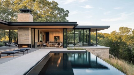 Fototapeta premium A stunning single-story modern home featuring an infinity pool, outdoor lounge, and elegant architectural design.