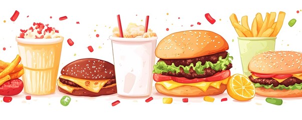 Delicious burgers, french fries, milkshakes and lemon forming a tasty fast food background