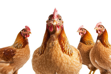 Fototapeta premium Close-up of four chickens in a farm setting with vibrant colors