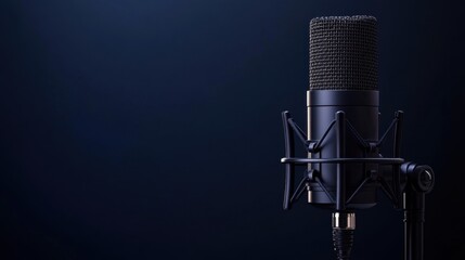 Professional condenser microphone with a built-in preamp, glowing on a dark navy background