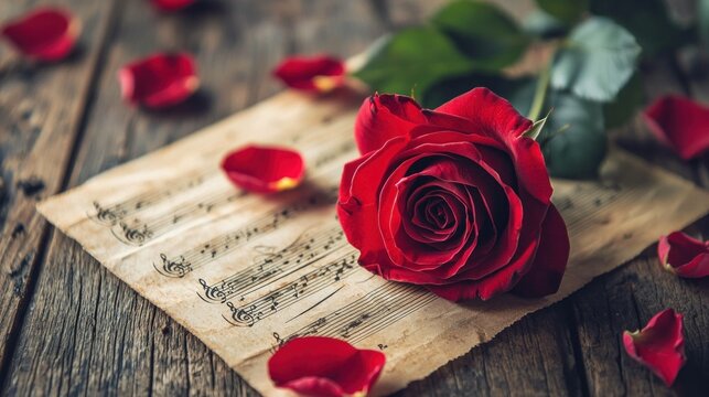 A beautiful red rose placed on vintage sheet music, surrounded by rose petals, creating an elegant and romantic atmosphere suitable for various occasions like anniversaries