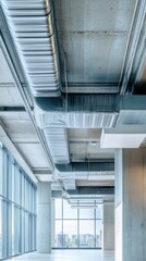 Modern office space interior with exposed concrete ceiling and ductwork offering a bright and spacious atmosphere with cityscape view