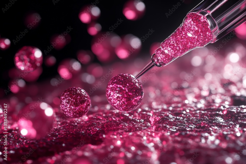 Poster Bright pink droplets and spheres reflect light in a dynamic display of texture and color on a dark surface