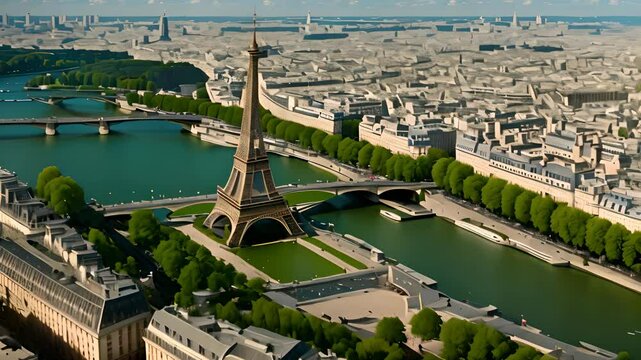 Aerial drone view of the Eiffel Tower and Seine River flowing through the historical city center of Paris
