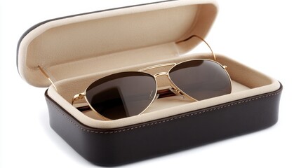 Sunglasses with golden frames nestled in a sleek, square leather box on a bright white background