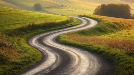 Naklejka premium The last rays of sunlight illuminating a winding country road through open fields