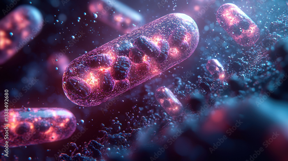Poster 3d visualization of antibiotic capsules targeting and combating bacterial cells with glowing molecul