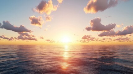 Obraz premium The sun setting behind an endless ocean horizon, clouds painted with soft pastel tones