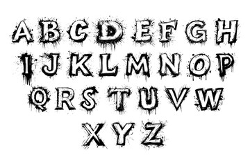 A complete set of uppercase alphabets (A-Z) in a grunge-style design, featuring rough textures, distressed edges, and a black-and-white color scheme. Perfect for vintage typography, branding.