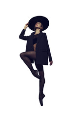 ballerina in the style of fashion total black in a jacket and hat poses ballet elements, isolated on transparent background, png