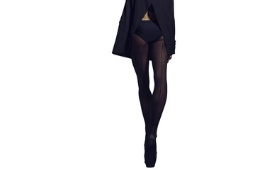 silhouette of the legs of a ballerina in the style of fashion total black in a jacket and tights with a seam, isolated on transparent background, png