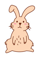 Cute Fluffy Rabbit with Whiskers Sits on Butt. Adorable Hand Drawn Bunny Illustration. Playful Cartoon Animal for Kids, Easter, Stickers, Prints, and Digital Projects