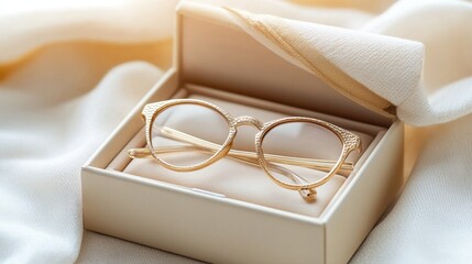 Trendy oversized glasses placed inside a premium square box, photographed on a bright white surface