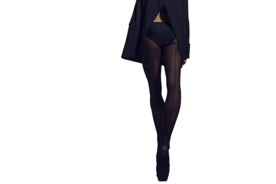 silhouette of the legs of a ballerina in the style of fashion total black in a jacket and tights with a seam, isolated on transparent background, png