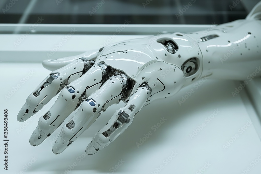 Poster robot hand displayed in a technology exhibition showcasing advancements in robotics and artificial i
